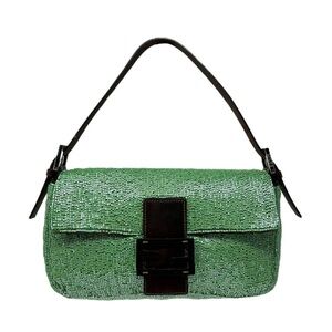 Fendi baguette green leather beaded bag handbag